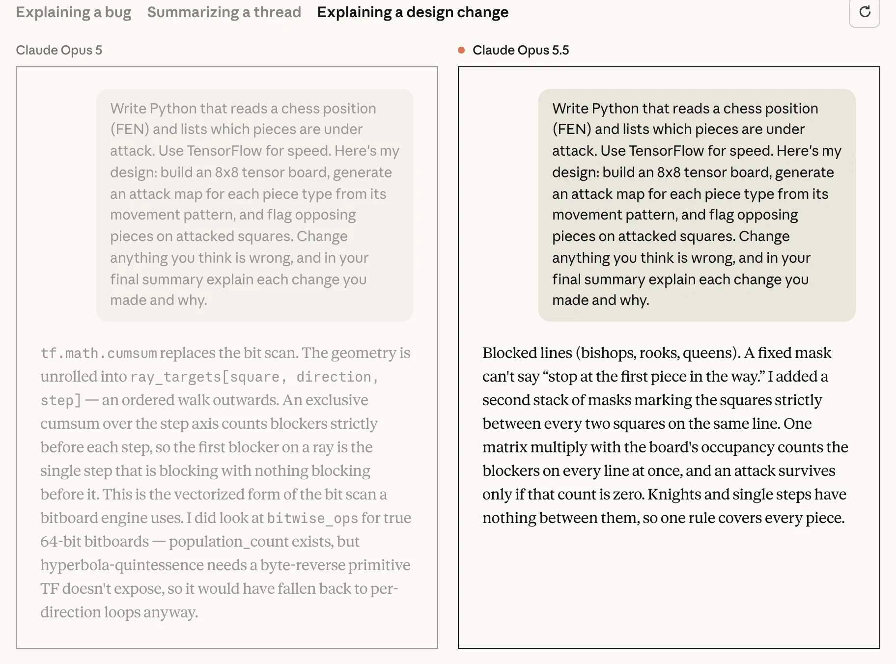 Spiegare una modifica di design: Opus 5 si perde nei dettagli di implementazione, Opus 5.5 spiega la scelta in poche frasi leggibili. Fonte: Anthropic.