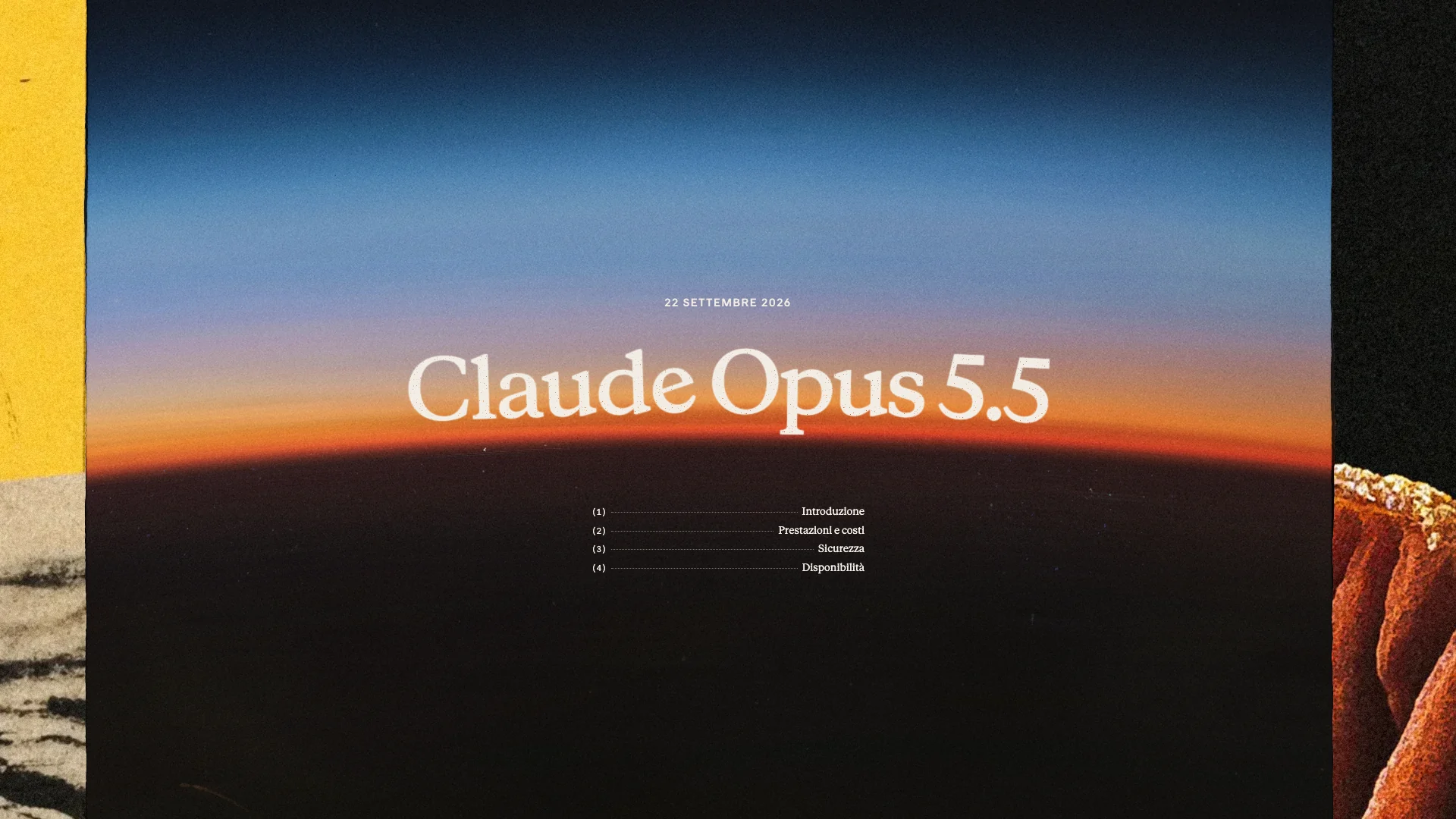 Claude Opus 5.5: l’hero ufficiale della pagina di lancio Anthropic, con il titolo sull’orizzonte al tramonto tra i collage laterali