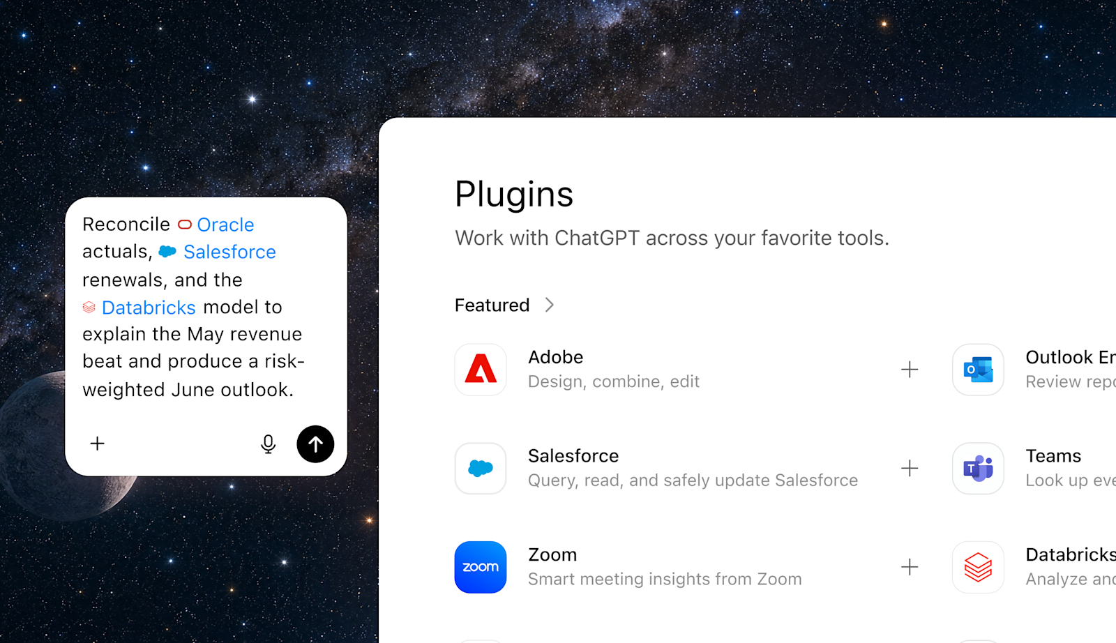 Pannello dei plugin di ChatGPT Work con applicazioni aziendali