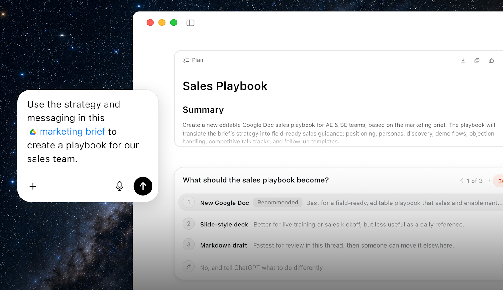 ChatGPT Work prepara un piano per un sales playbook prima di eseguirlo