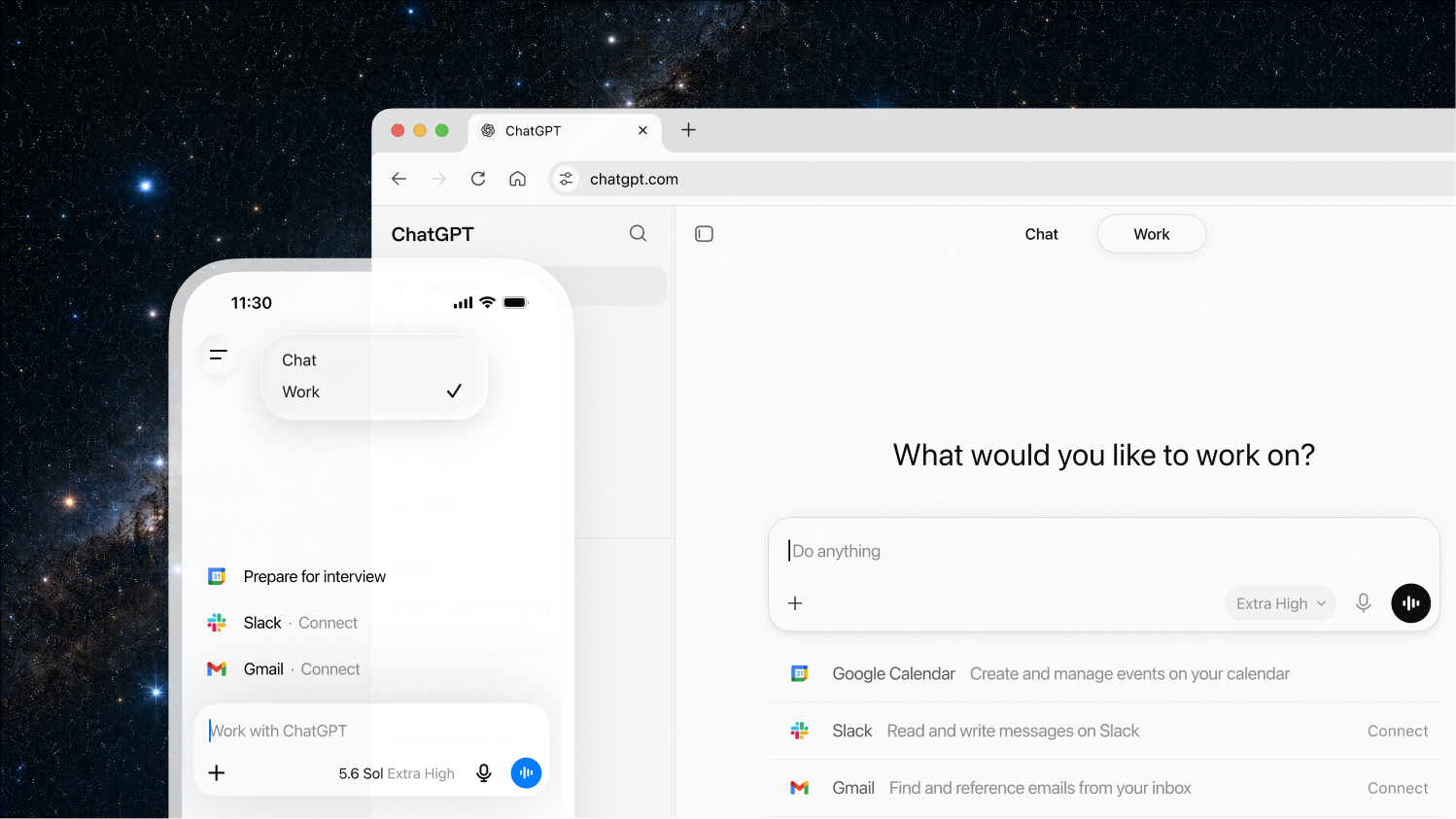 ChatGPT Work aperto su desktop e smartphone su uno sfondo stellato, immagine ufficiale OpenAI