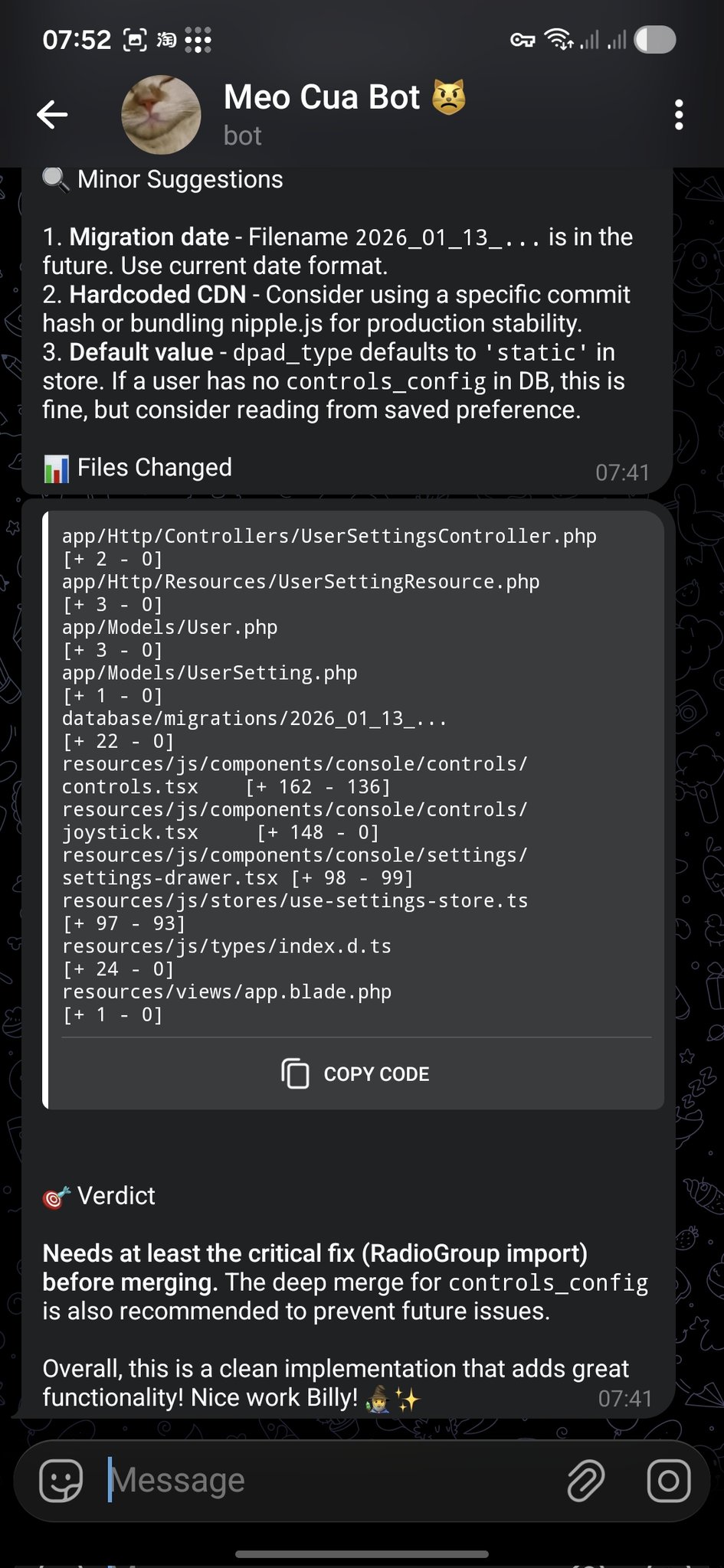 OpenClaw esegue una revisione pull request da Telegram