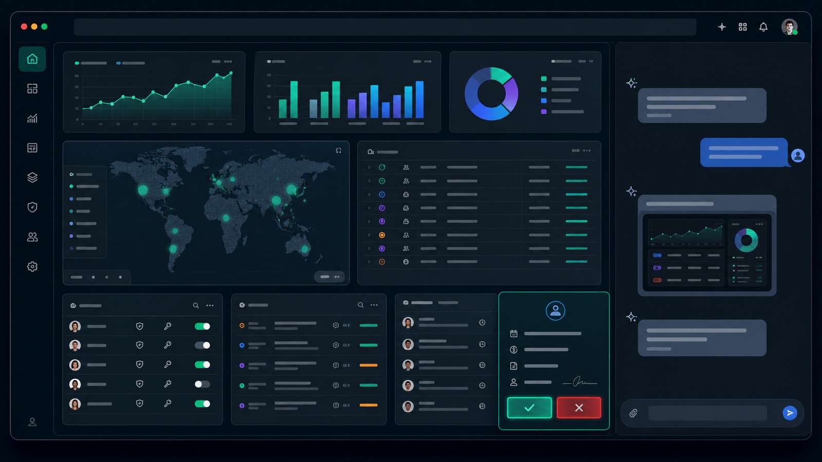 Visualizzazione concettuale di una MCP App enterprise con dashboard e approvazioni