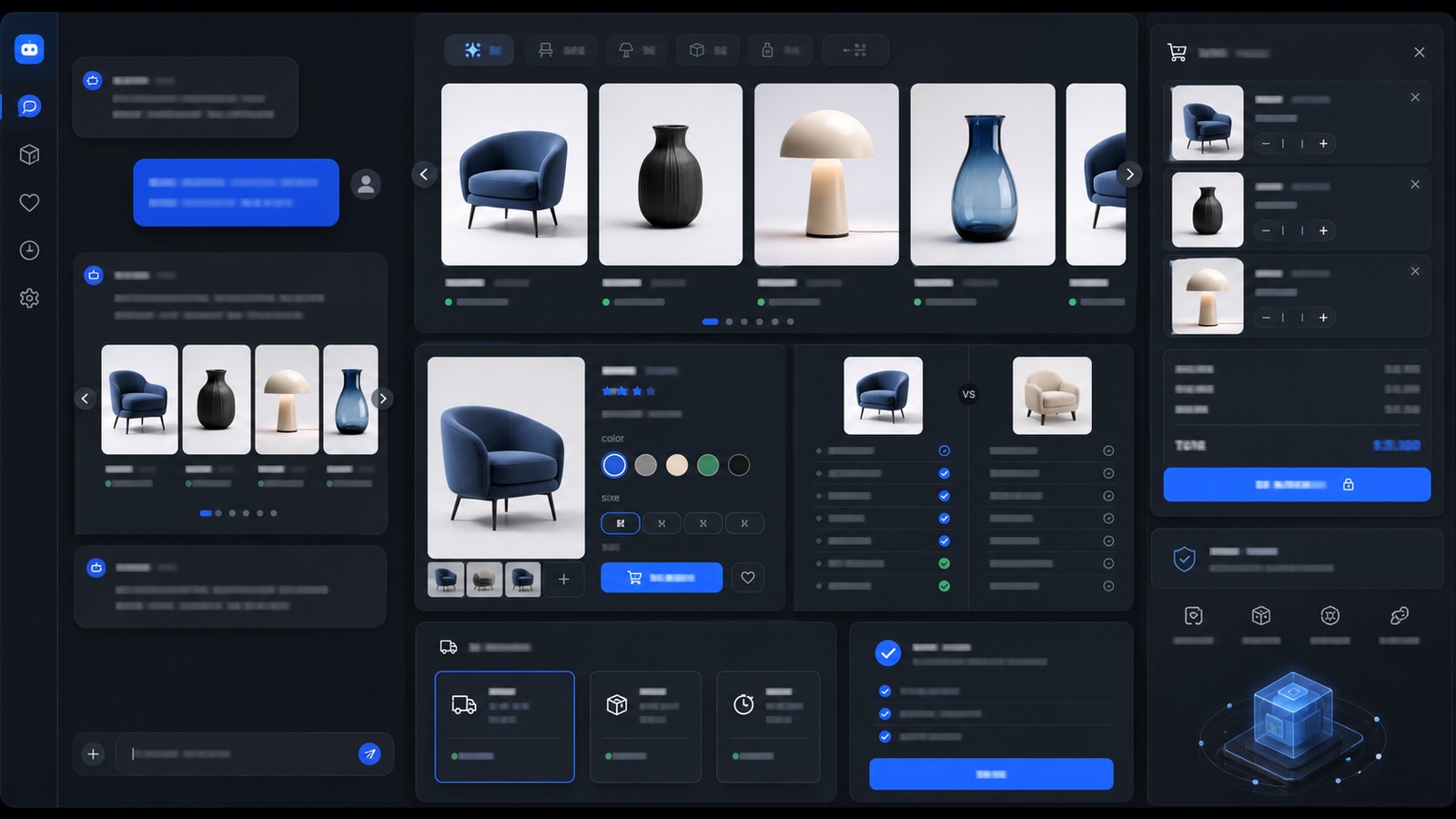 Visualizzazione concettuale di una MCP App e-commerce con catalogo, confronto e carrello