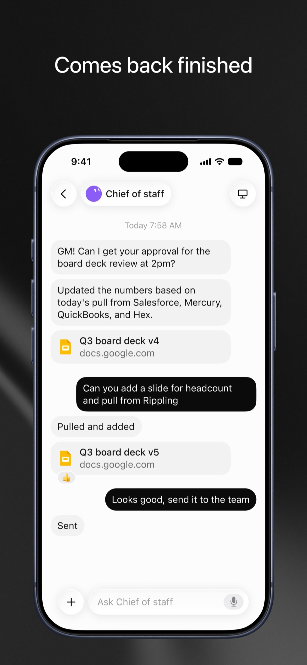 Schermata ufficiale Grok Bot con Chief of Staff che aggiorna una presentazione e chiede approvazione