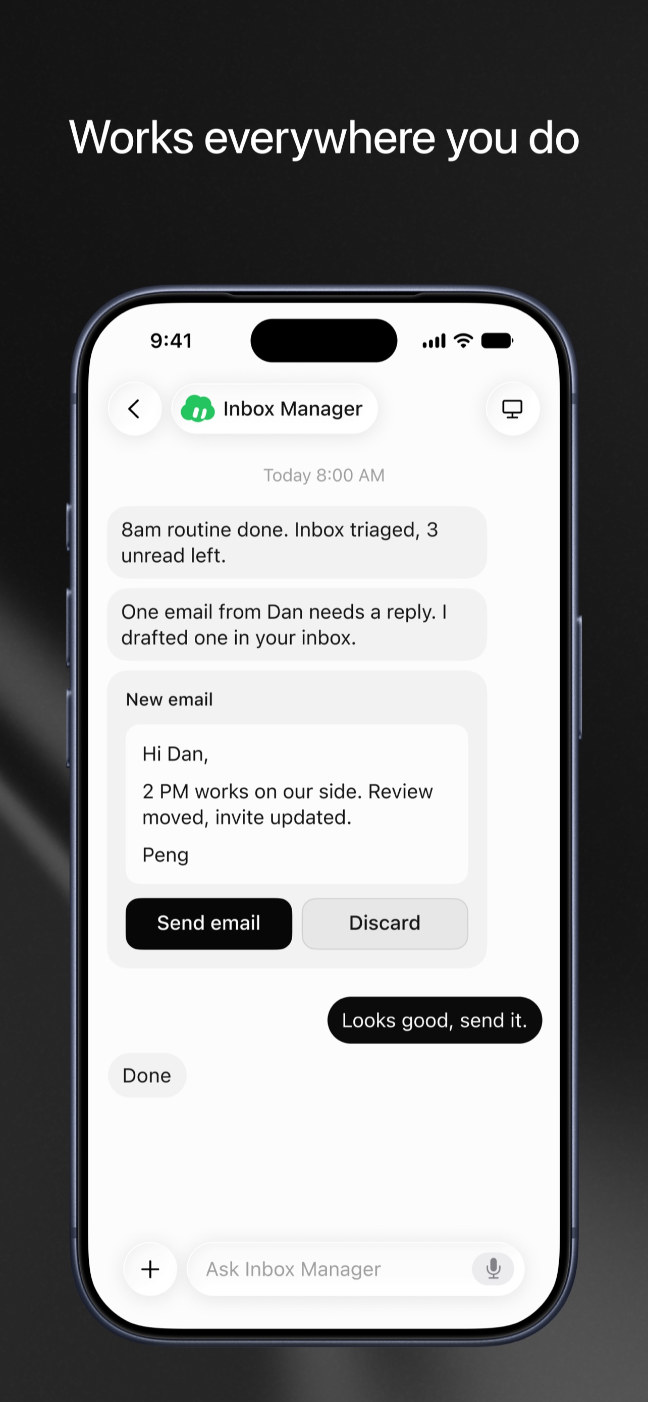 Schermata ufficiale Grok Bot con Inbox Manager, bozza email e pulsanti Send email e Discard
