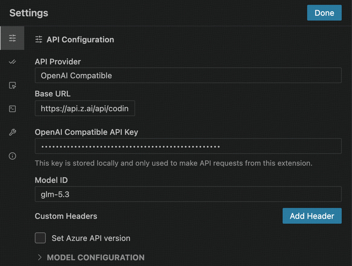 Schermata ufficiale Z.ai della configurazione OpenAI-compatible di Cline per GLM-5.3
