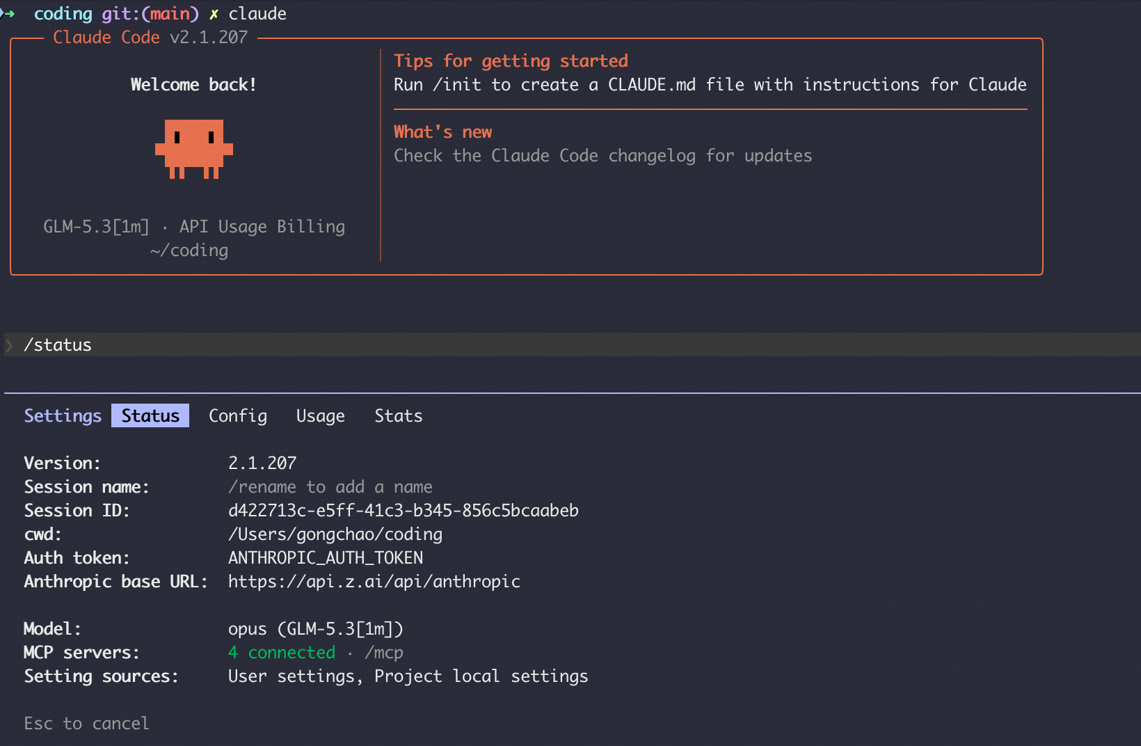 Schermata ufficiale della documentazione Z.ai con Claude Code configurato per GLM-5.3
