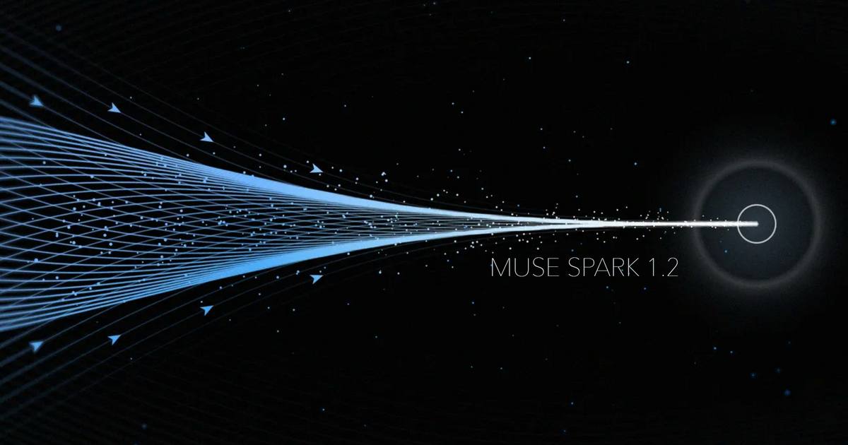 Copertina nera e azzurra con flussi luminosi convergenti e scritta Muse Spark 1.2